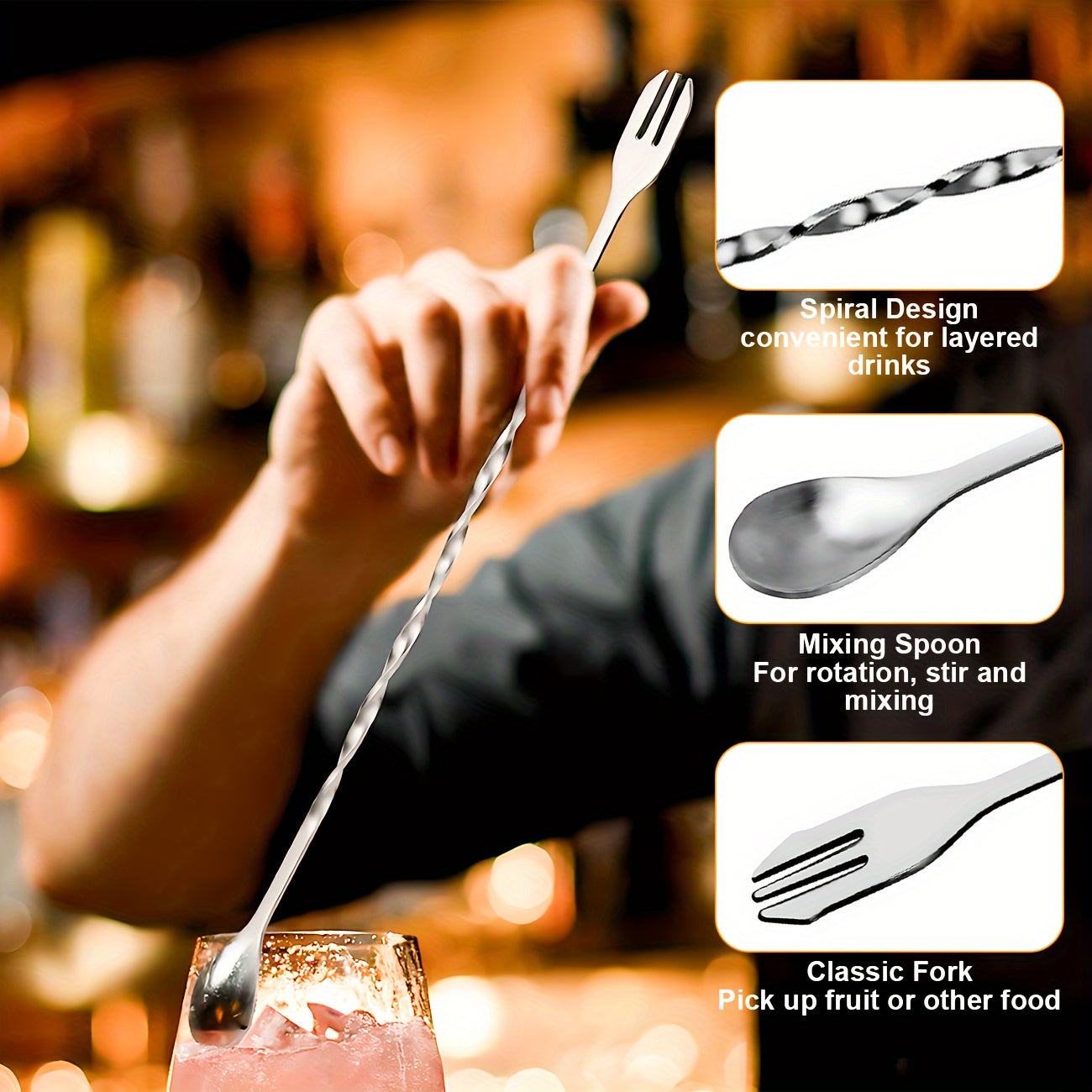 Mustahkam 3-qismli zanglamas po'latdan yasalgan kokteyl aralashtirish to'plami muz maydalagich, aralashtirish qoshiq, o'lchov stakani va uyda va professional foydalanish uchun shisha ochgichni o'z ichiga oladi.