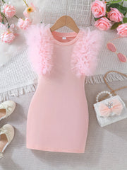 Girls Tulle Sleeve Bodycon Dress for Summer with Ruffle Details