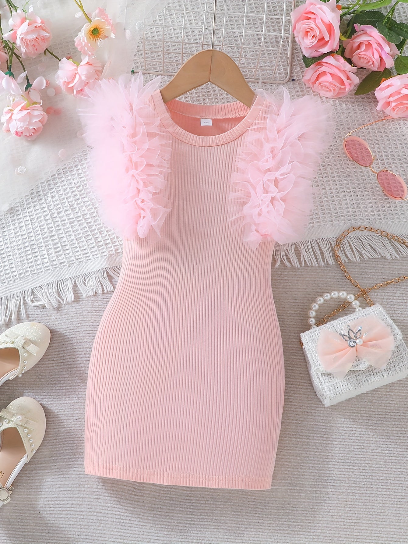 Girls Tulle Sleeve Bodycon Dress for Summer with Ruffle Details