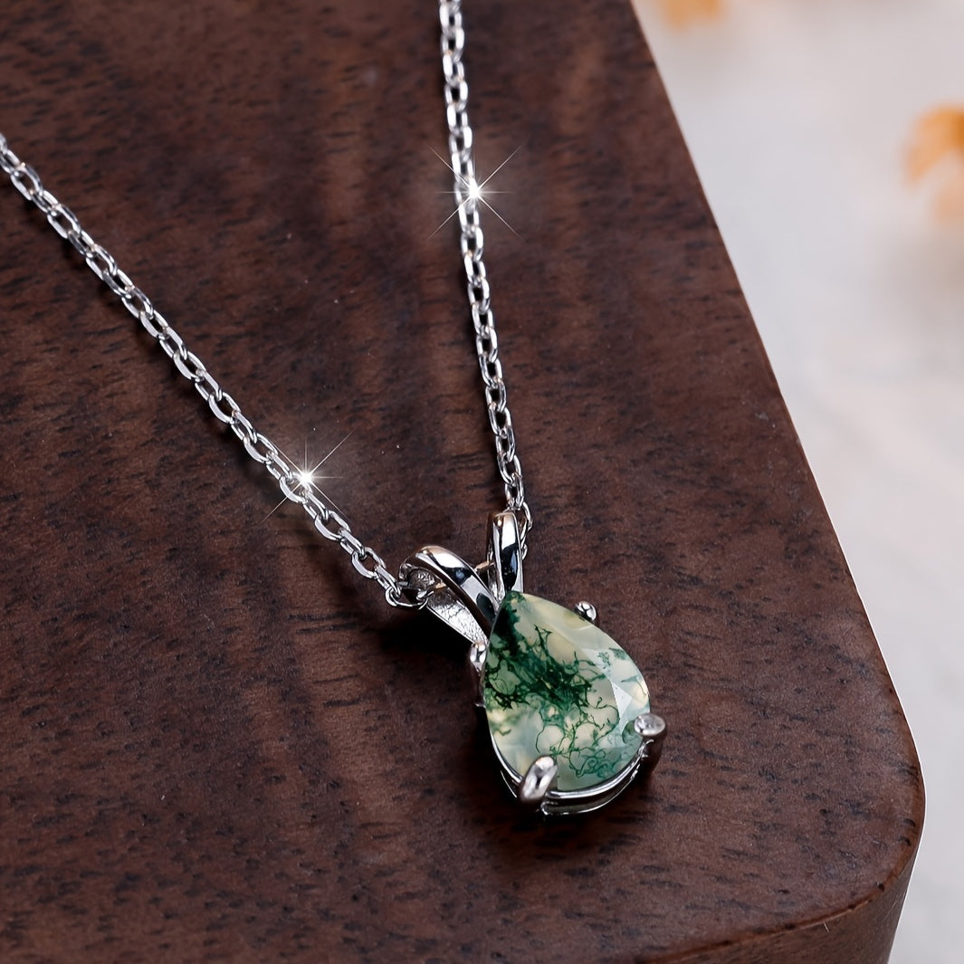 Green Moss Agate Pendant Necklace Sterling Silver Adjustable Chain