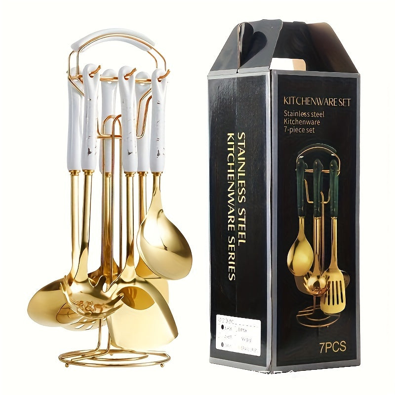 7-Piece Stainless Steel Kitchen Utensil Set with Ceramic Handles Non-Stick Safe