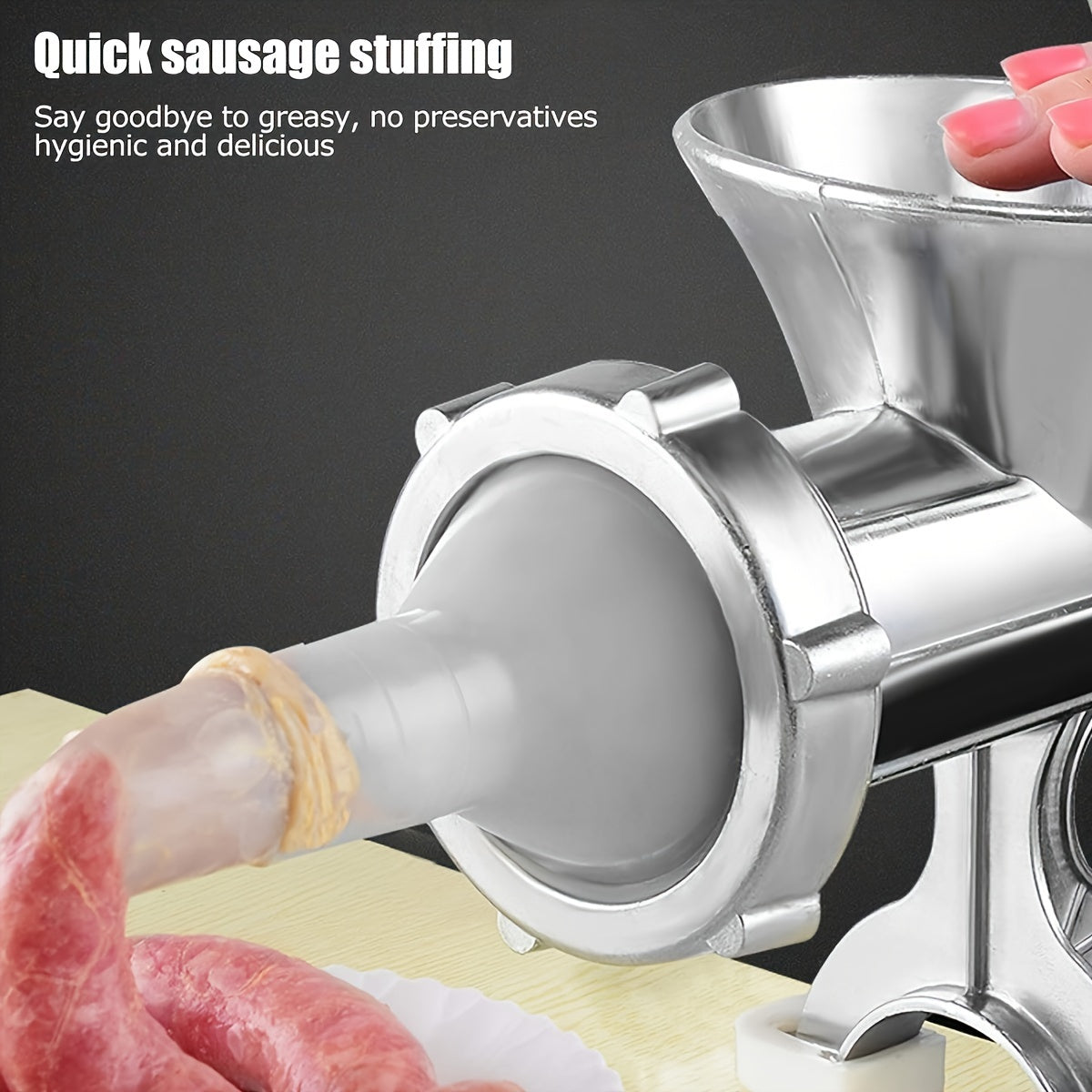 1 dona Katta quvvatli qo'lda go'sht maydalagich va kolbasa tayyorlagich - Rostdan po'lat, 10 RPM, Elektr energiyasi talab qilinmaydi, Tanlov uchun aksessuarlar, maydalangan go'sht va kolbasa uchun ideal, Uy sharoitida foydalanish uchun