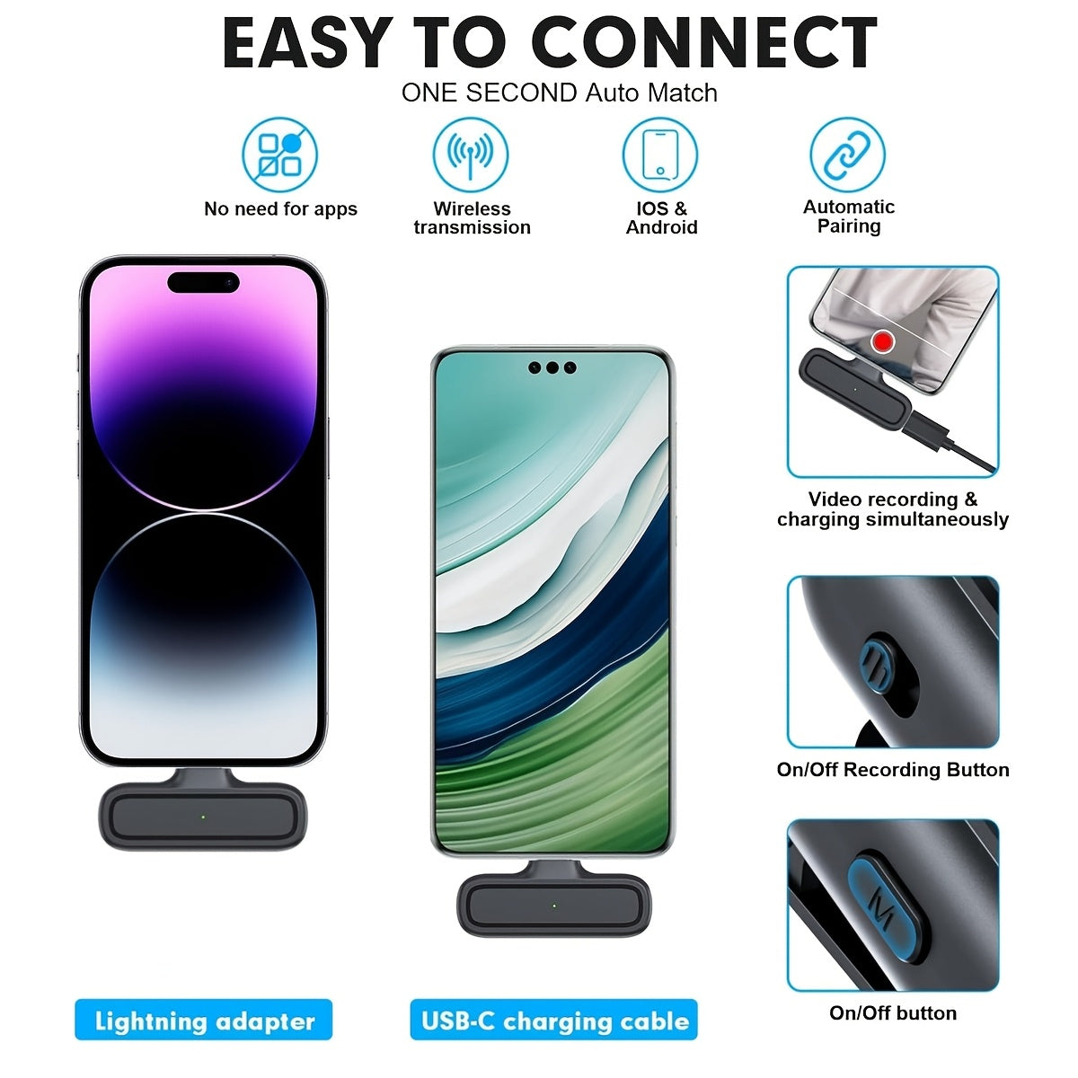 Wireless Tie Microphones Set for Android iPhone iPad with Charging Case Noise Cancelling Clip-On for Vlogging Recording and Live Streaming