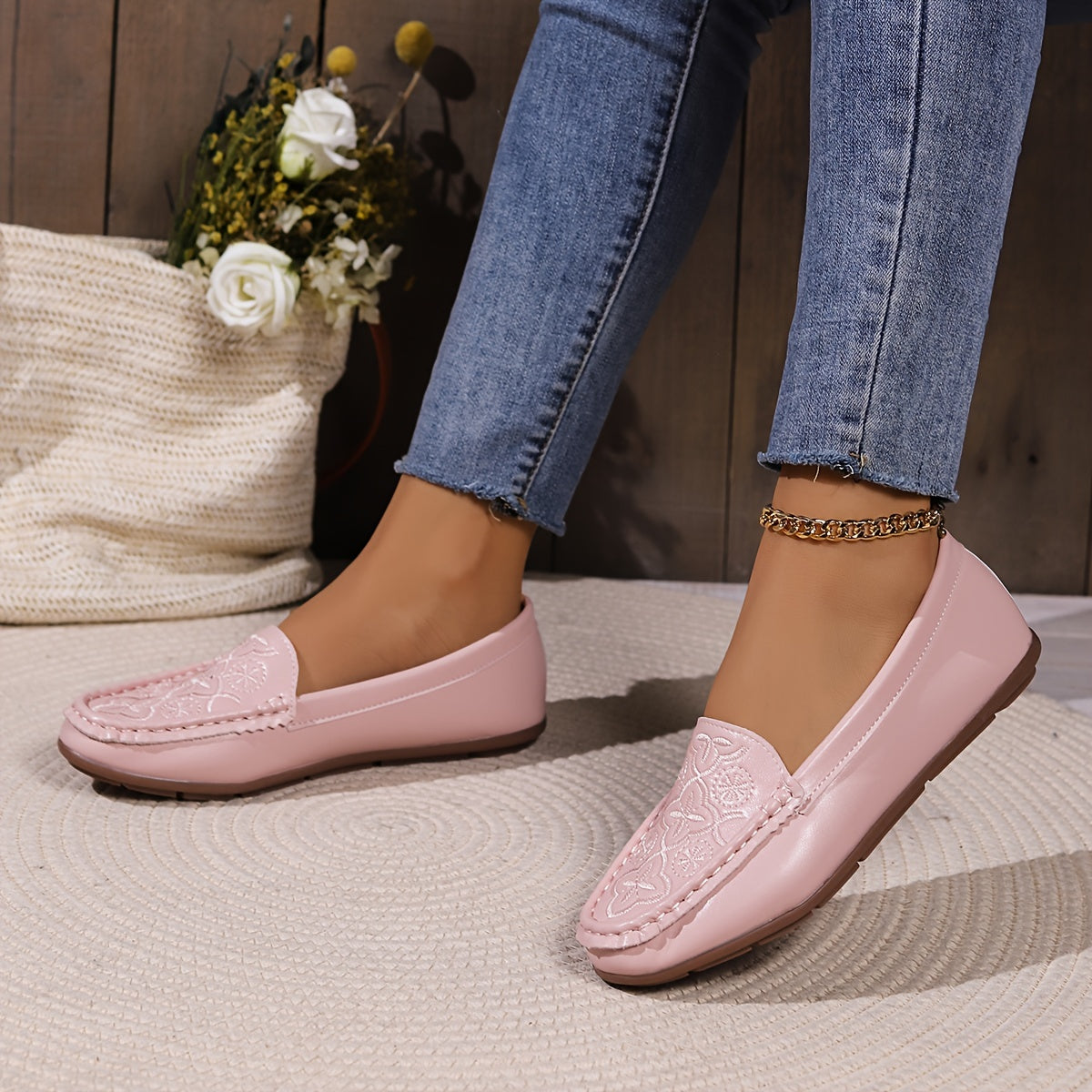 Women's Floral Pattern Loafers Casual Slip-On Flats All-Match