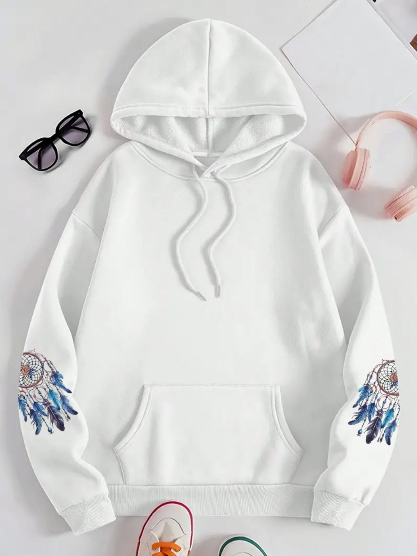 Толстовка с длинным рукавом для женщин больших размеров с принтом ловца снов и карманом кенгуру