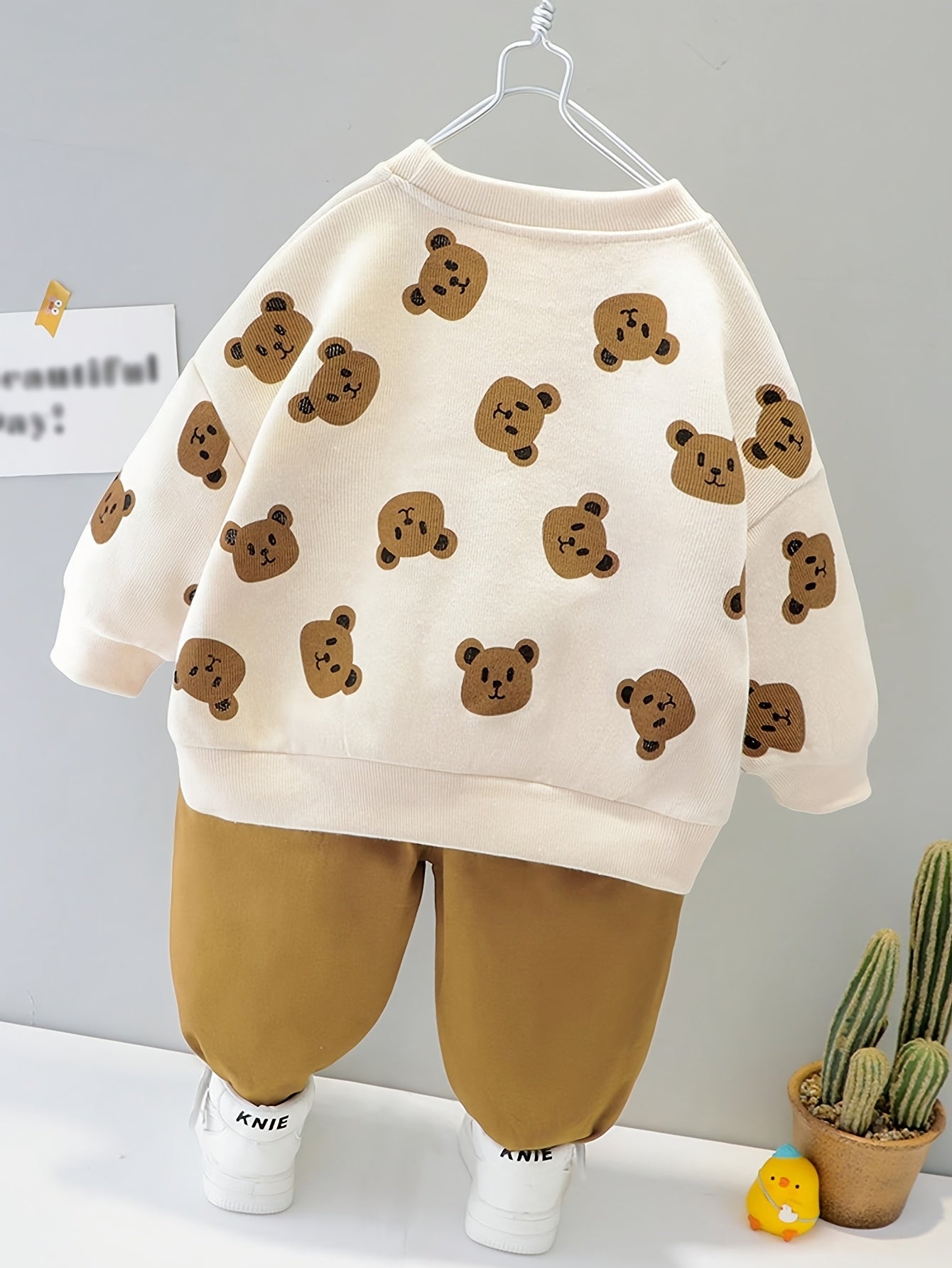 Toddler Boys' Cotton Knit Sweatshirt and Pants Set with Bear Print for Spring Fall