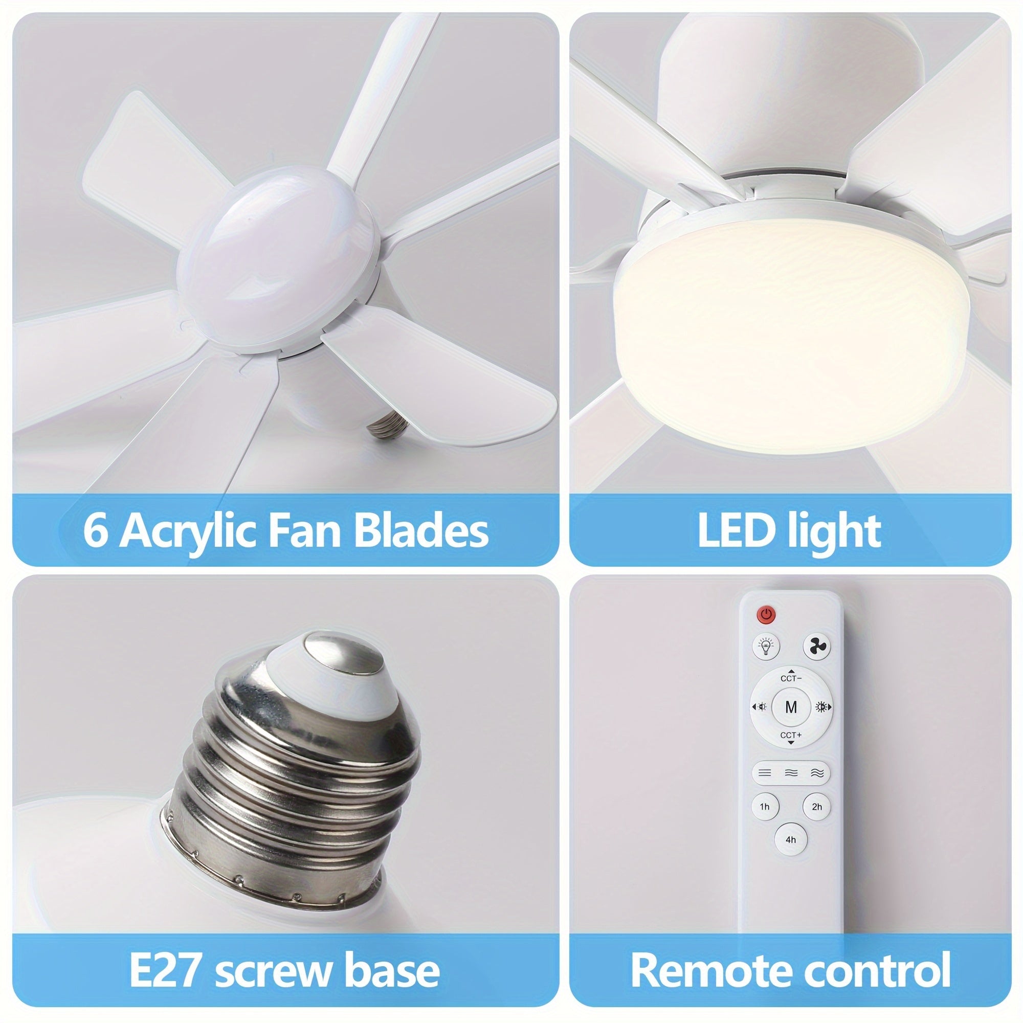 Masofadan boshqarish bilan Dual-pack oq E26/E27 vintli rozetka fan chiroqlari oson o'rnatish uchun. 3 tezlikli shamol sozlamasi, 3 rang va sozlanadigan 3000-6500k LED chiroq bilan xususiyatlarga ega. Ideal uchun