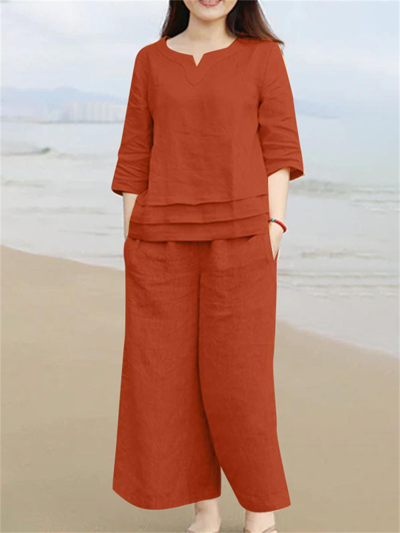 Plus Size Women's Cotton Lounge Set V-Neck Top 3/4 Sleeves Pockets Wide Leg Trousers