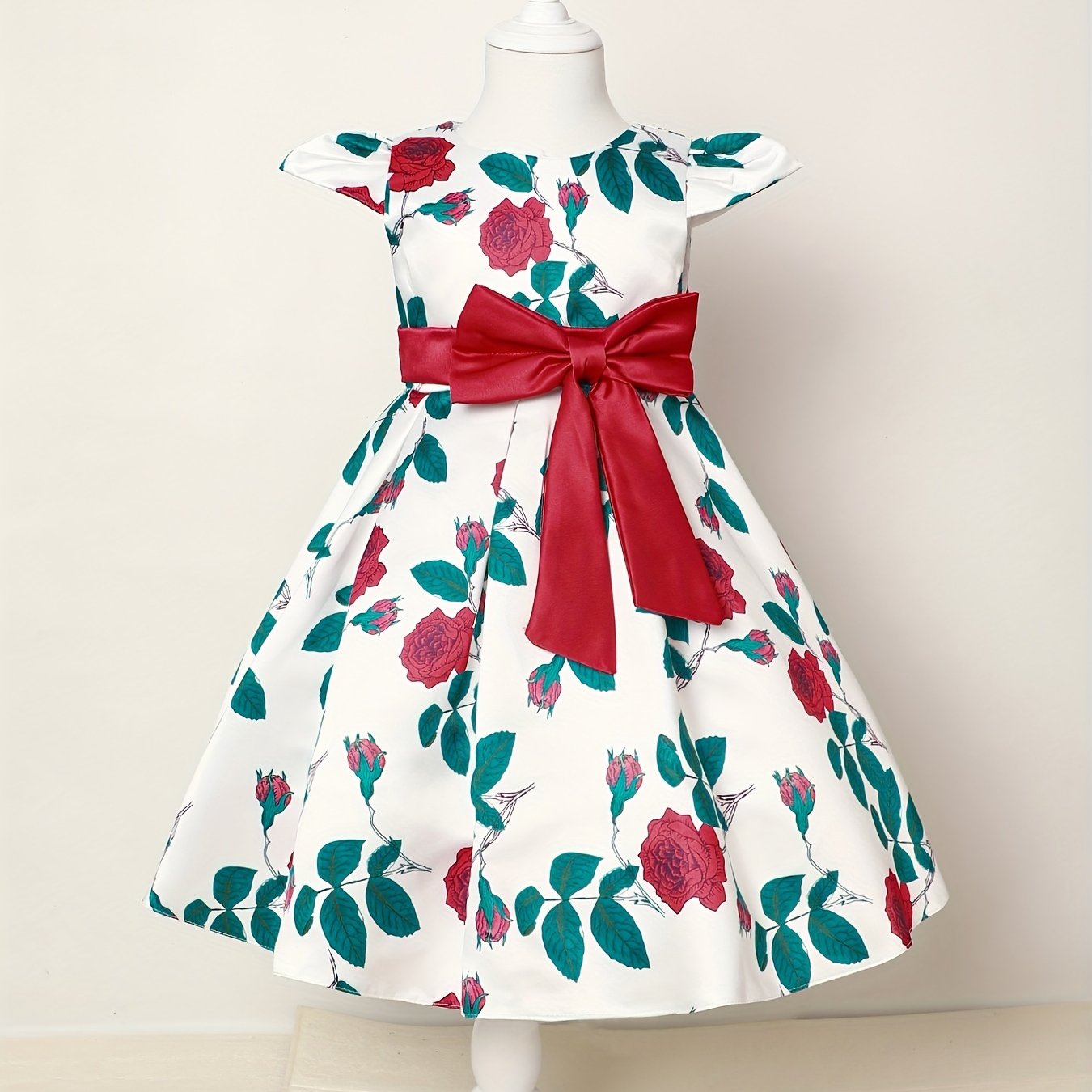 Girls Floral Print Midi Dress with Bowknot and Lace-up Details for Elegant Kids