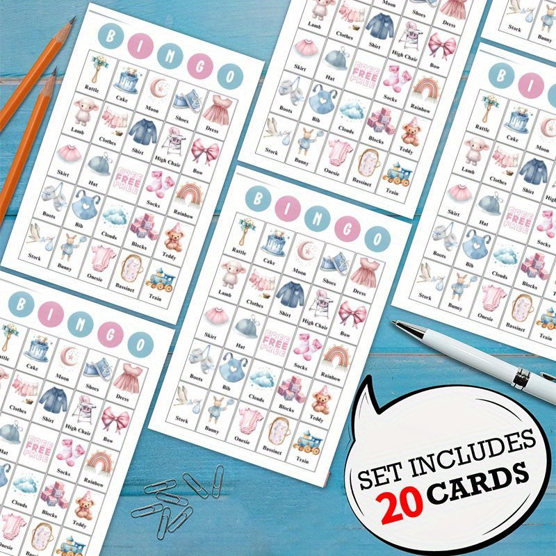 Set of 20 Baby Shower Bingo Cards for Gender Reveal Party Game Blue Pink Designs