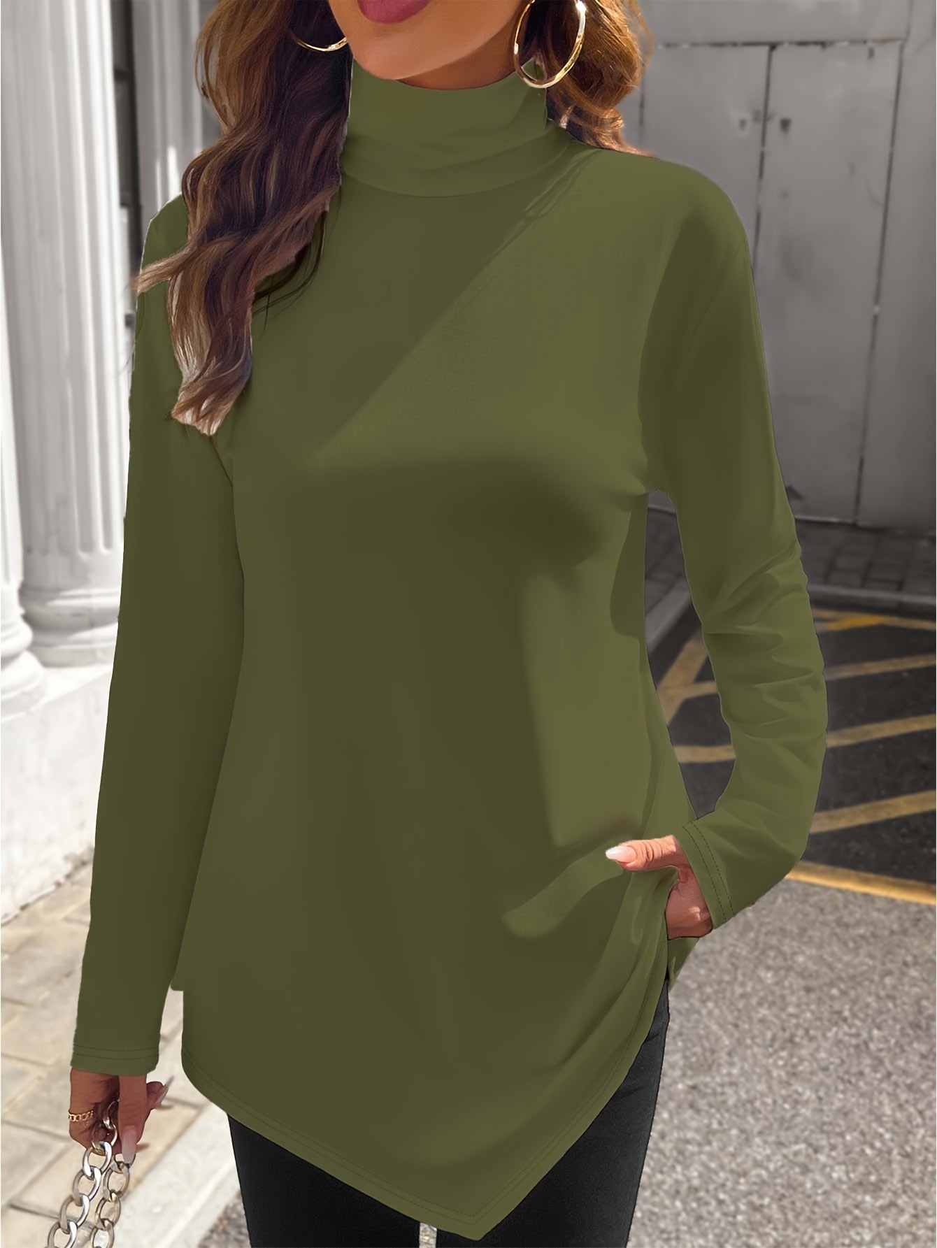 Plus Size Women's Long Sleeve Black Asymmetrical High Neck Top Casual Chic Blouse