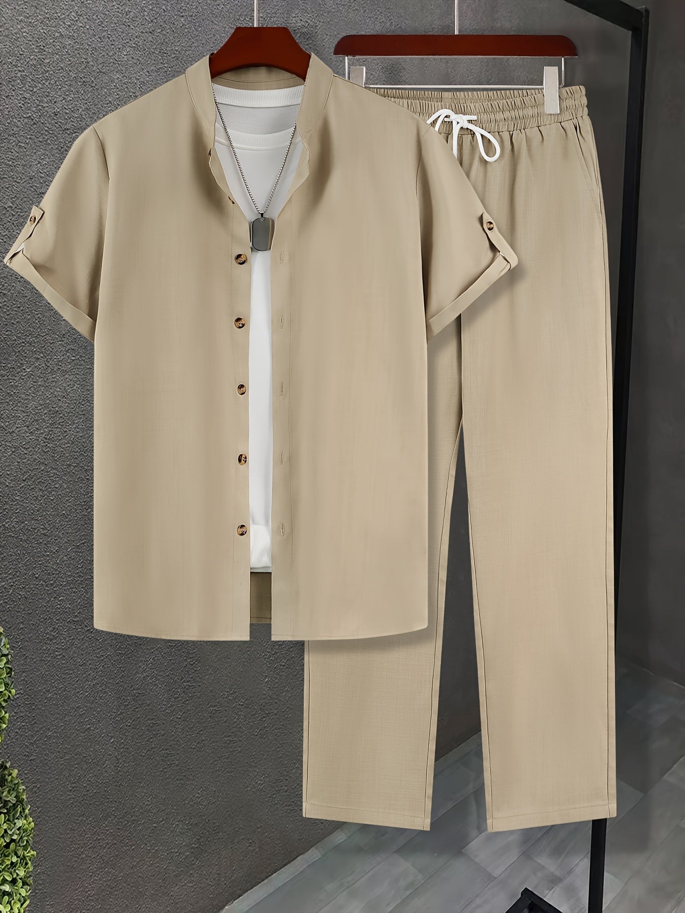 Casual Short-Sleeve Shirt and Long Pants Outfit Polyester Solid Color All-Season