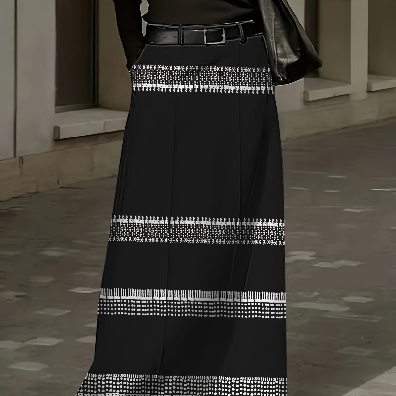 Women's Polyester Midi Skirt with Pockets, Black and White Pattern