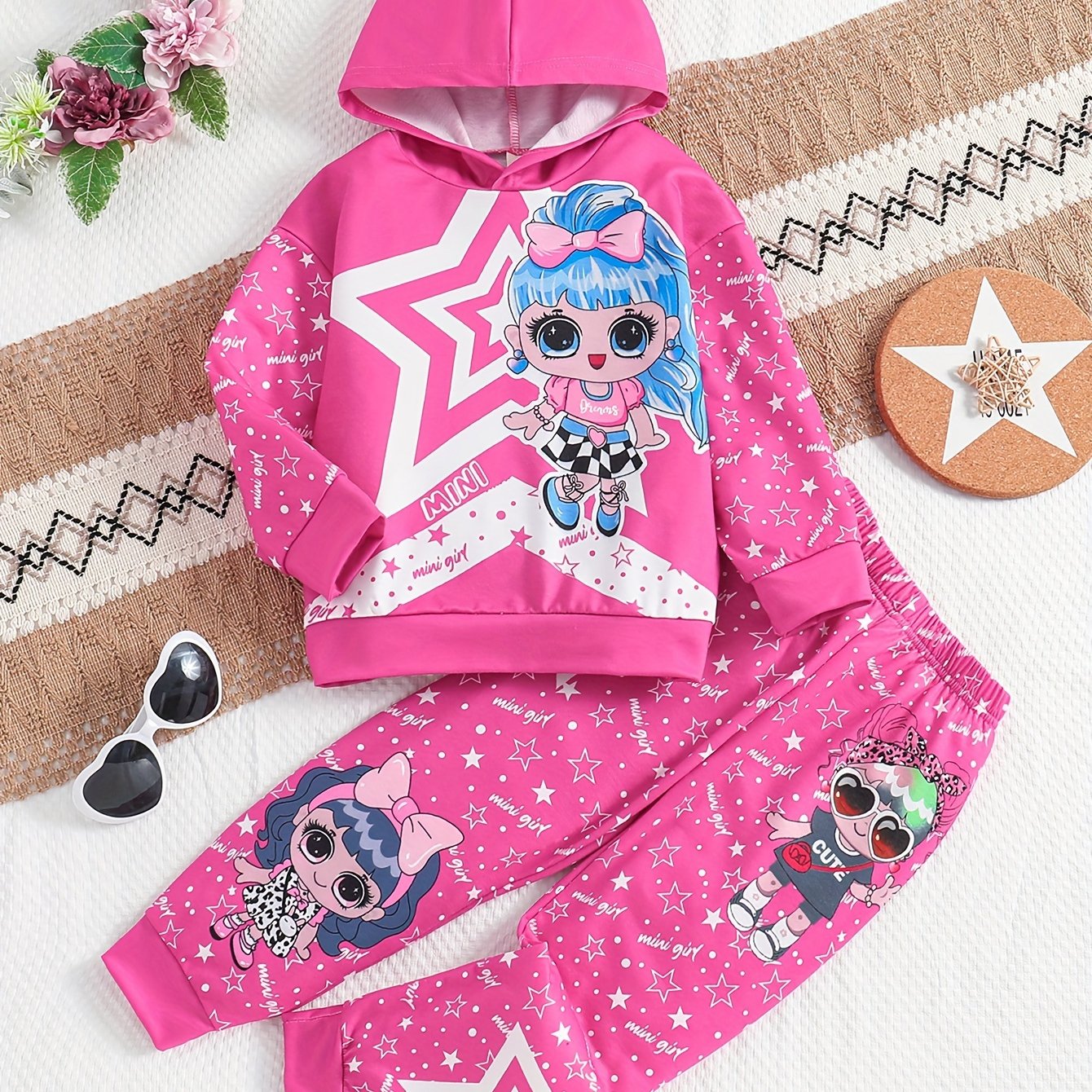 Conjunto casual de 2 piezas para niñas: sudaderas con capucha y pantalones jogger con estampado de dibujos animados para primavera y otoño