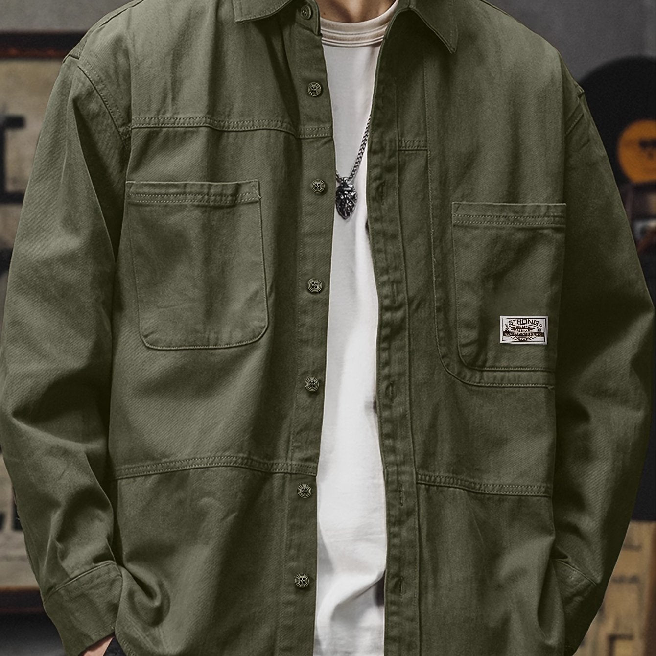 Erkaklar uchun 100% paxta kargo ko'ylagi, yorliq yamoqi bilan, bahor va kuz uchun mukammal, tasodifiy retro sovg'a