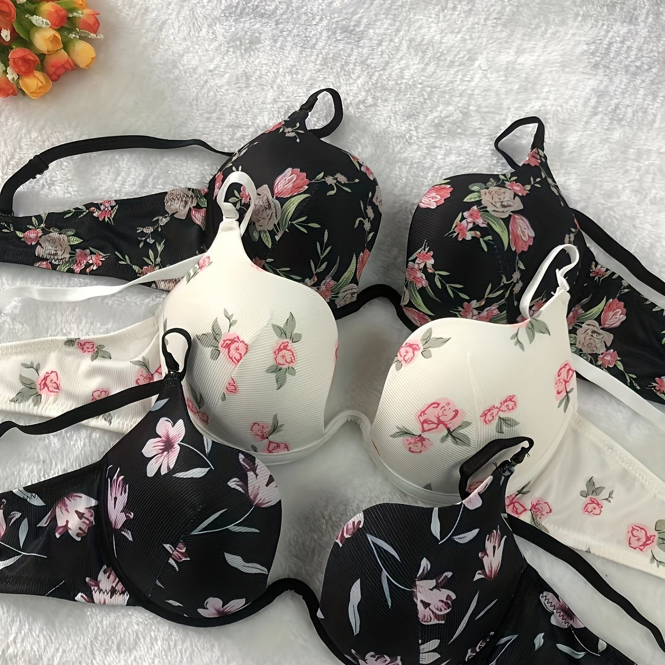 Three Pack Floral Lingerie Bras for Adults Polyester Elastane Knit Fabric U-Shape Scoop Non-Removable Padding Underwire