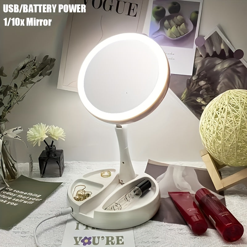 Espejo de maquillaje LED portátil con almacenamiento, doble cara, aumento de 1X y 10X, espejo de mesa plegable con luz