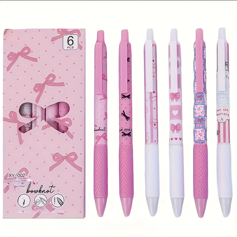 Set of 6 Pink Bowknot Gel Pens 0.5mm Fine Point for Office and School