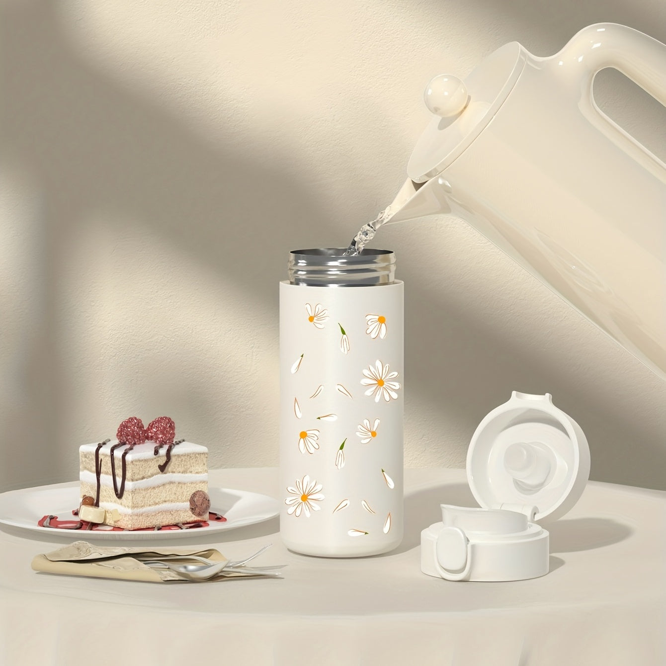 Daisy Pattern Vacuum Flask 350ml Stainless Steel Leakproof Thermal Bottle