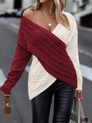 Plus Size Women's Cable Knit V-Neck Sweater Off-Shoulder Pullover Winter Top