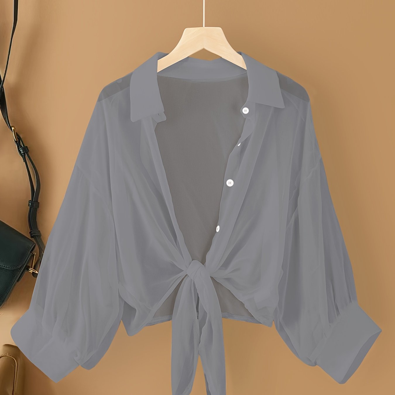 Women's Woven Chiffon Cardigan with Front Bow, Lapel Collar, Solid Color, Spring Summer Fall Casual