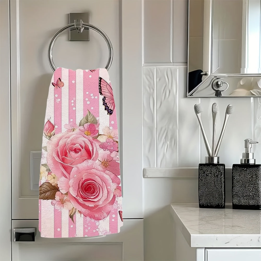Set of 2 Pink Rose and Butterfly Kitchen Towels 16x24 Inches Ultra Soft
