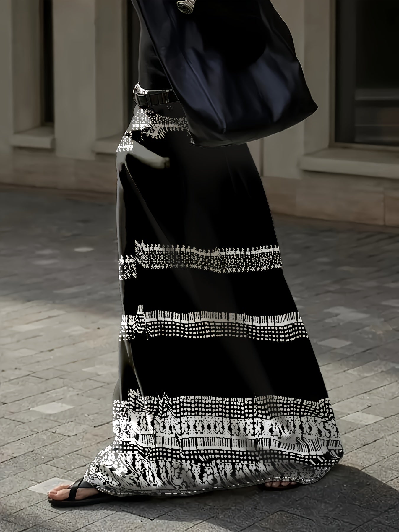 Women's Polyester Midi Skirt with Pockets, Black and White Pattern