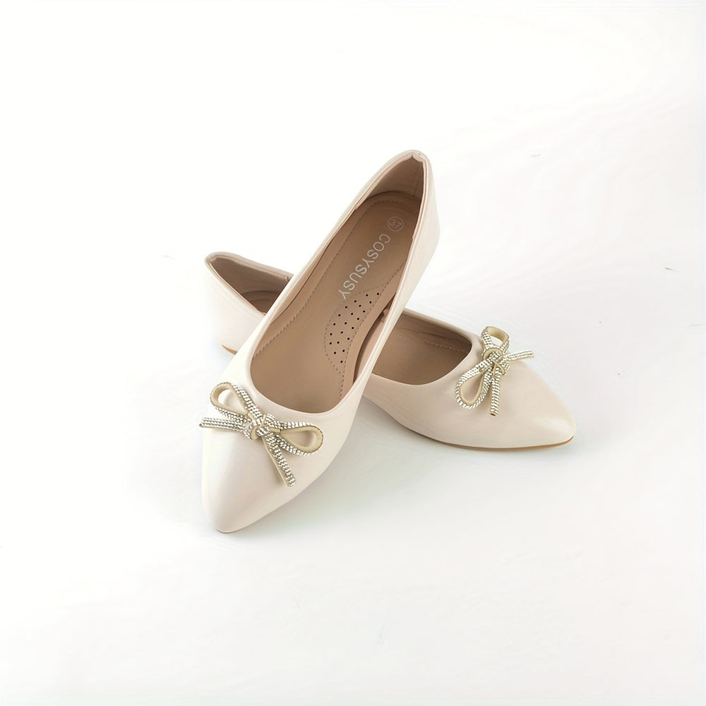 Women's Pointed Toe Slip-On Flats with Bow Casual Work Shoes Black White