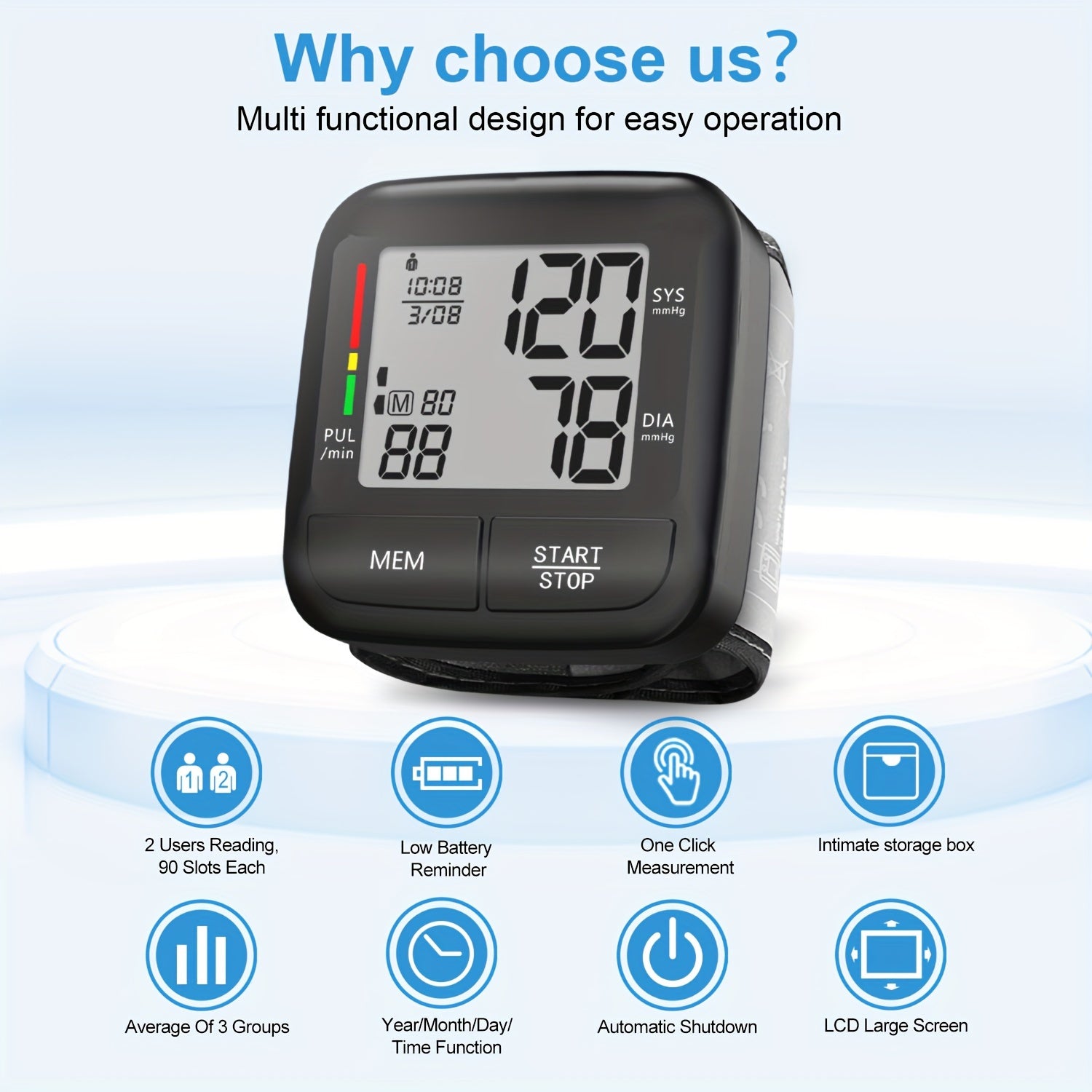 Portable Wrist Blood Pressure Monitor with Large LCD Display Automatic Digital Device with Wrist Strap