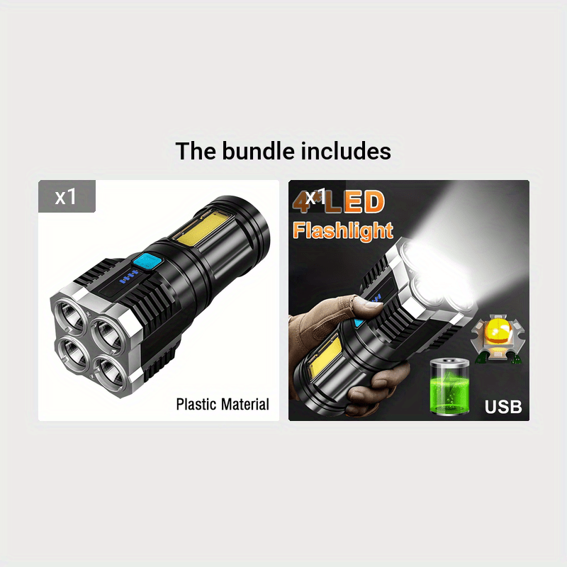 USB Rechargeable LED Flashlight with COB Side Light 4 Modes Durable ABS for Camping and Home
