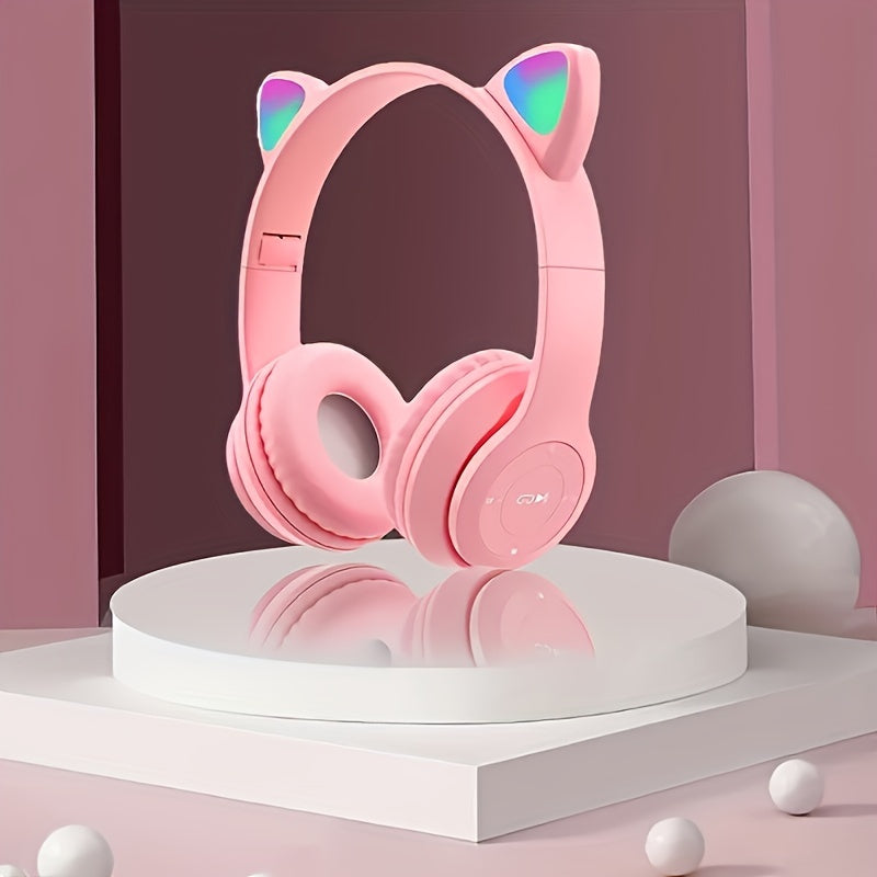 Wireless LED Cat Ear Headphones with Foldable Design Rechargeable Battery Volume Control