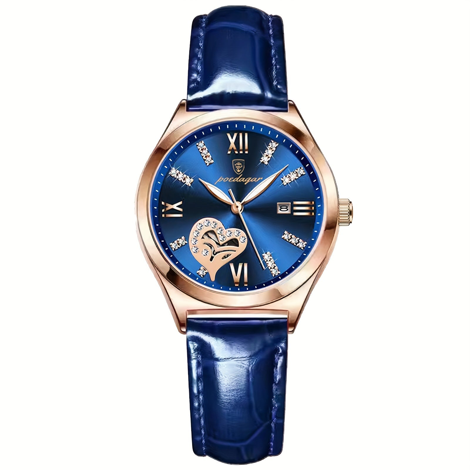 Women's Heart-Shaped Rhinestone Watch with Luminous Dial and Leather Band