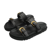 Women's Black Flat Sandals with Buckle Closure, Round Toe, Thick Sole