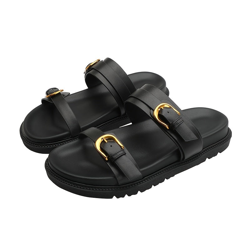 Women's Black Flat Sandals with Buckle Closure, Round Toe, Thick Sole