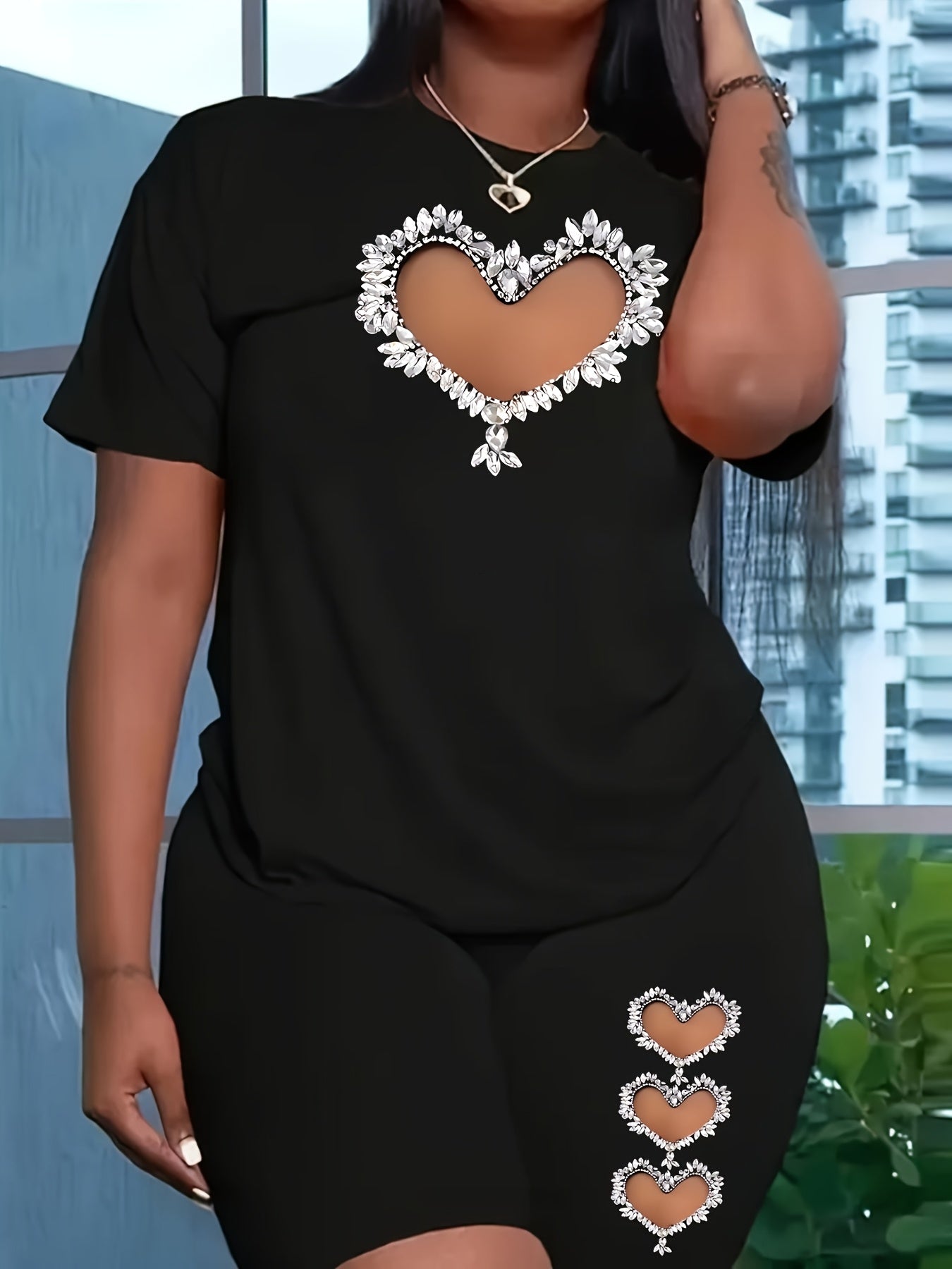 Women's Plus Size Heart Print Casual 2-Piece Set Short Sleeve Top and Shorts Polyester Elastane