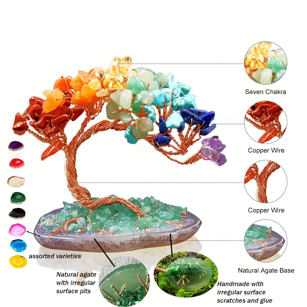 Handcrafted Crystal Tree of Life with Copper Wire and Agate Slice Base Small Gravel Stone Accent