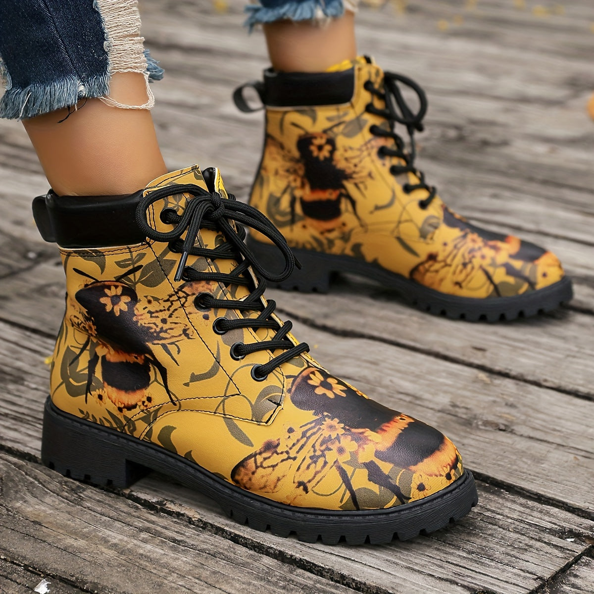 Women’s Western Ankle Boots Floral Insect Print Non-Slip Cushioned Yellow Black