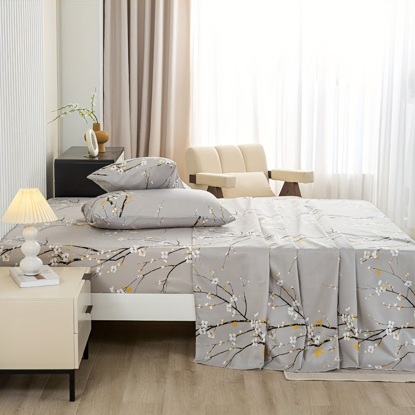 Floral Branch Microfiber Fitted Sheet Set with Deep Pockets and Pillowcases