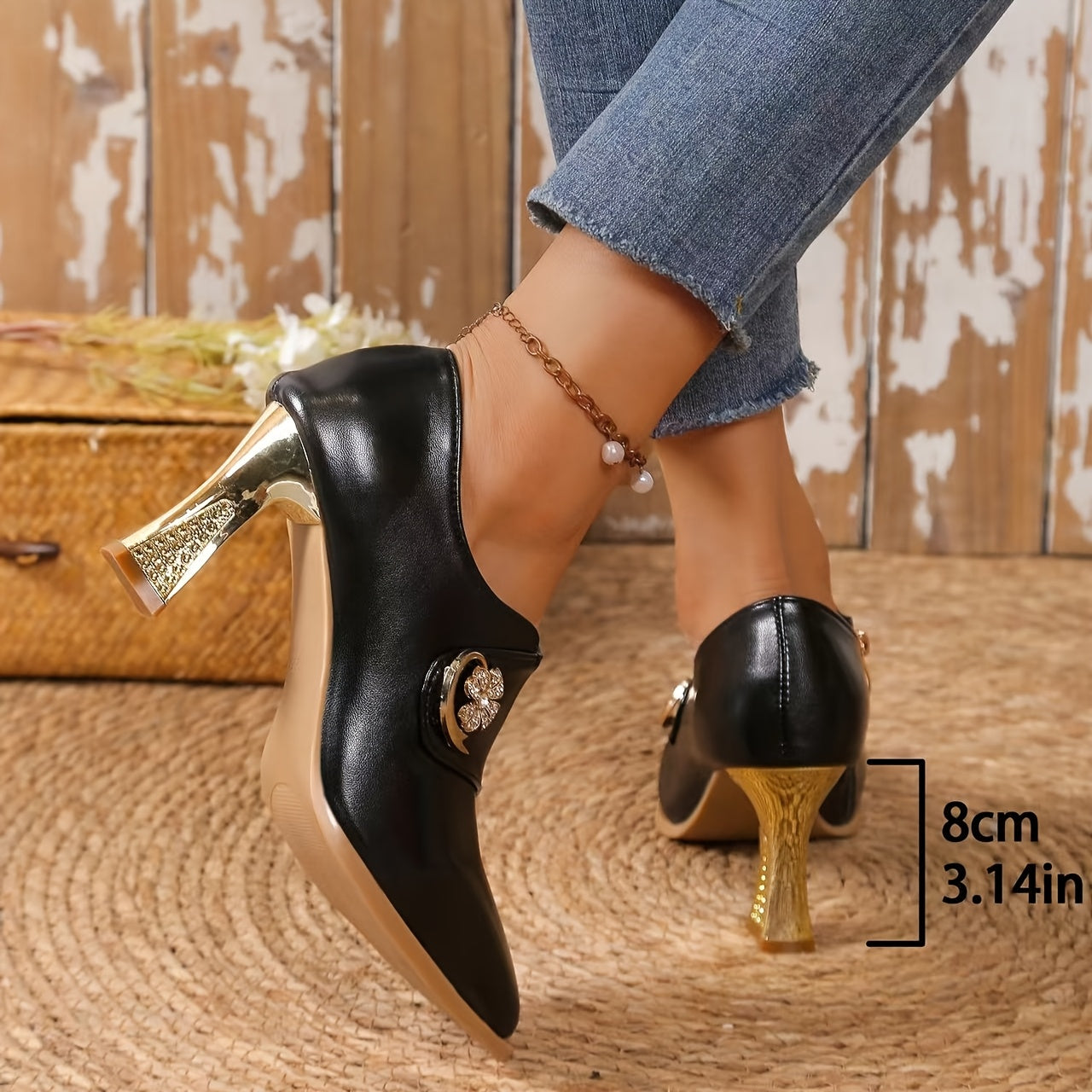 Women's Metal Rhinestone High Heels Pointed Toe Flower French Heels for Party