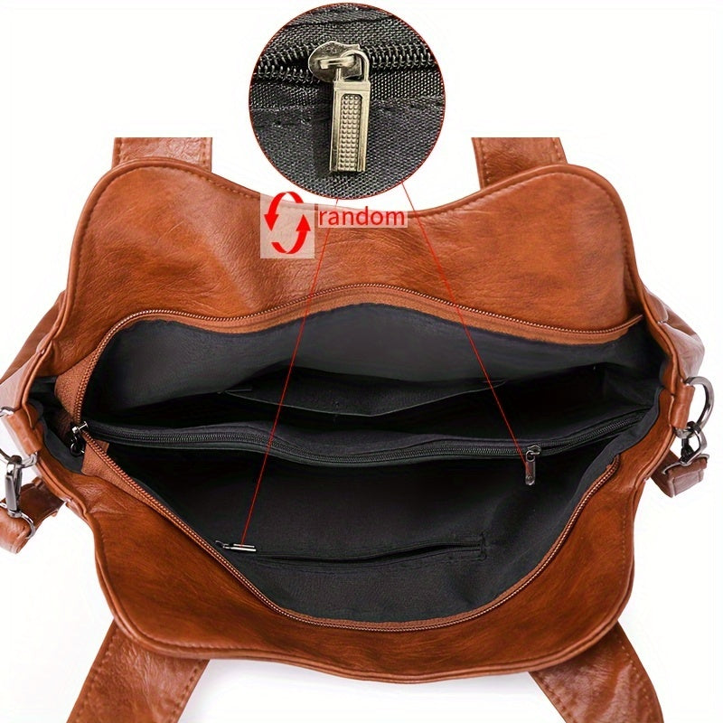 Retro PU Leather Tote Bag with Multiple Pockets Large Capacity Casual Shoulder Crossbody Bag