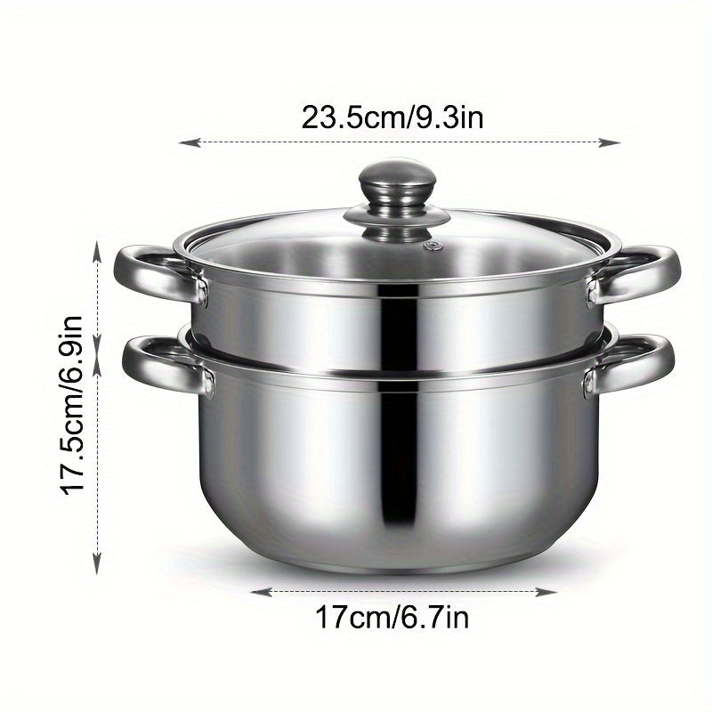 24cm Stainless Steel Steamer Pot Soup Pot Double Layer with Steaming Basket Compatible with Induction Gas Stoves