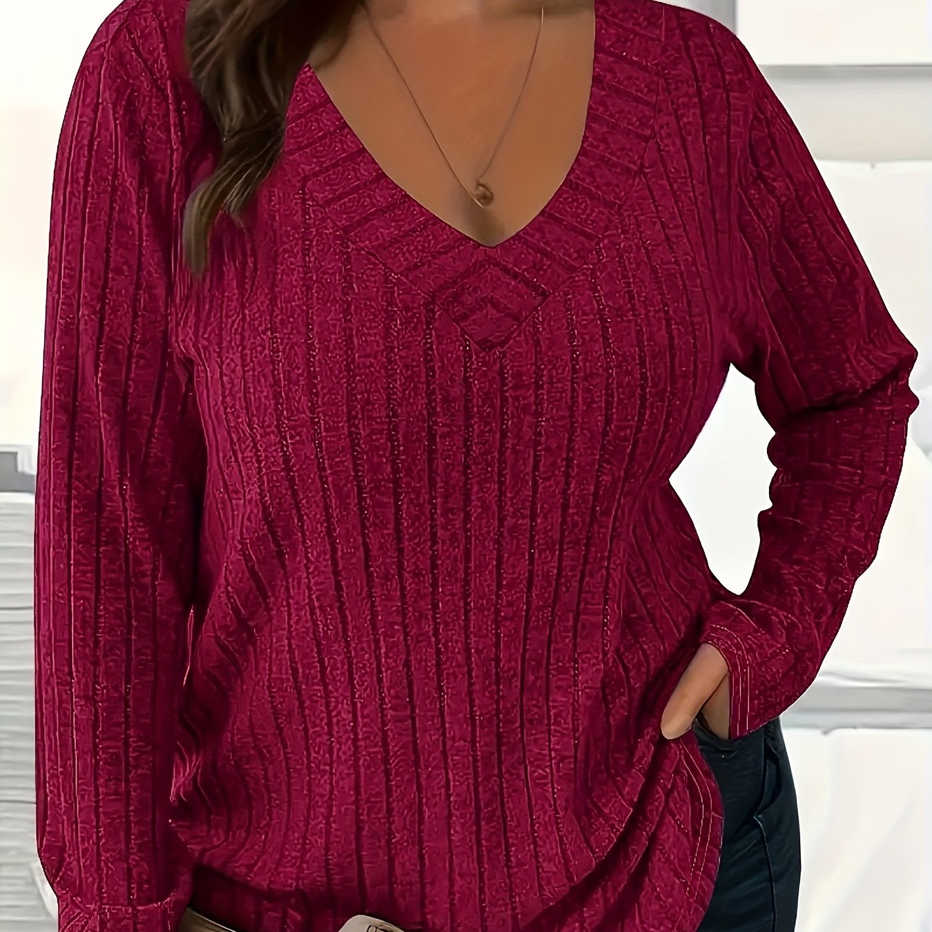 Women's Plus Size V-Neck Sweater Long Sleeve Knit Solid Color Fall Winter