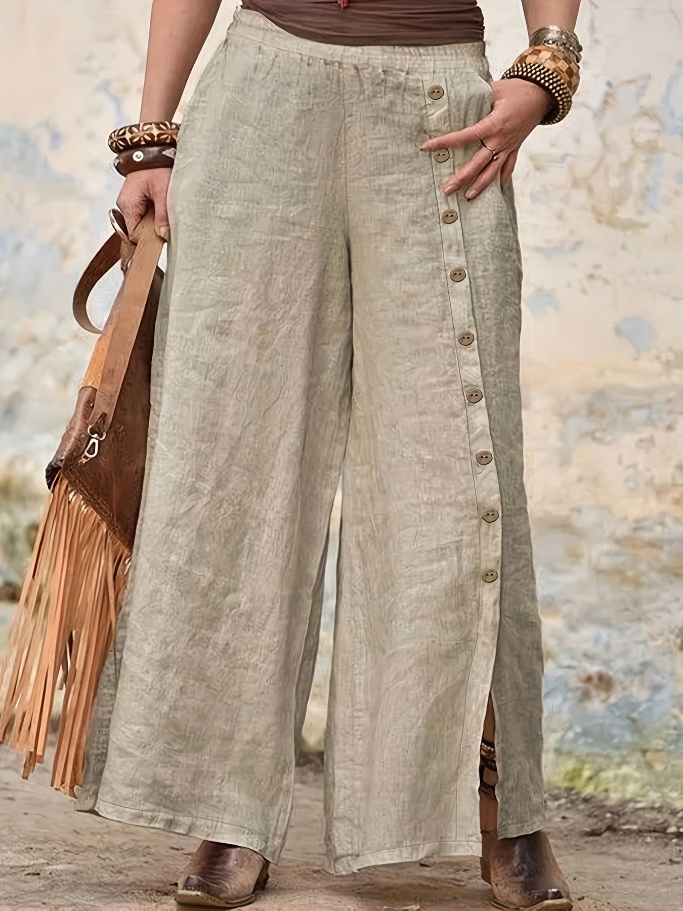 Women's Plus Size Wide Leg Pants Cotton Polyester Solid Button All-Season