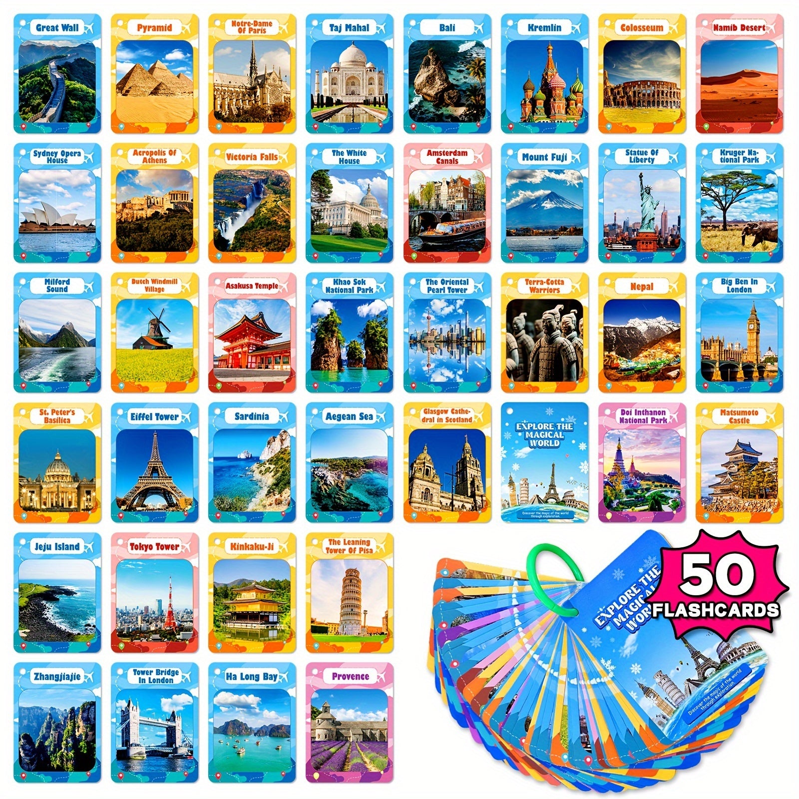 Educational Flash Cards for Kids 50 World Landmarks Puzzle Game in Mixed Colors
