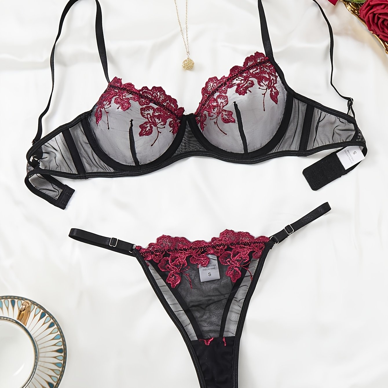 Women's Floral Lace Lingerie Set Mesh Bra and Thong Semi-Sheer Variety of Colors