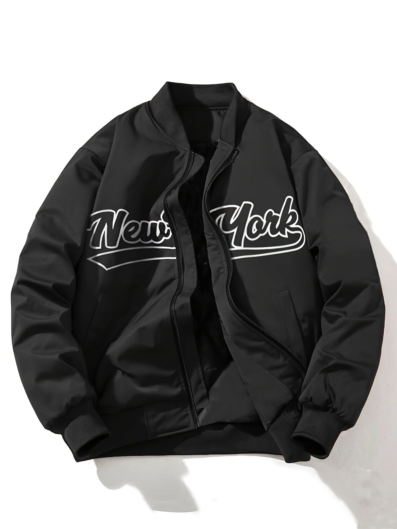 Men's Lightweight Polyester Bomber Jacket with Letter Print, Baseball Collar, Long Sleeves, Zipper Front, Pockets