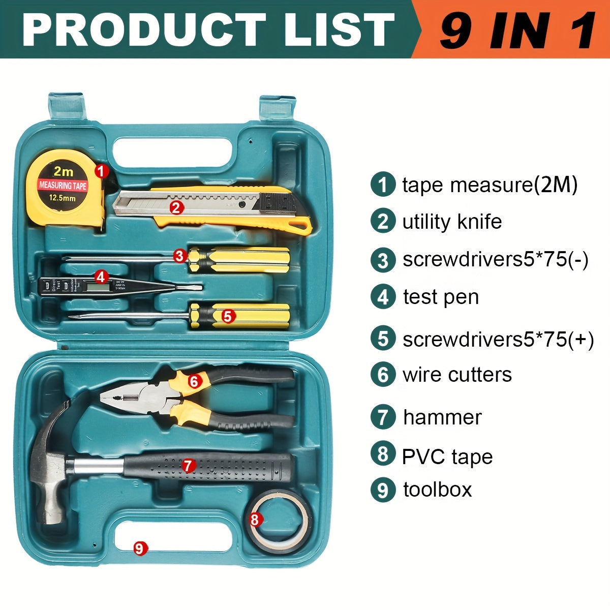 Handheld Household Toolbox with Plastic Case for Car and Home Repair