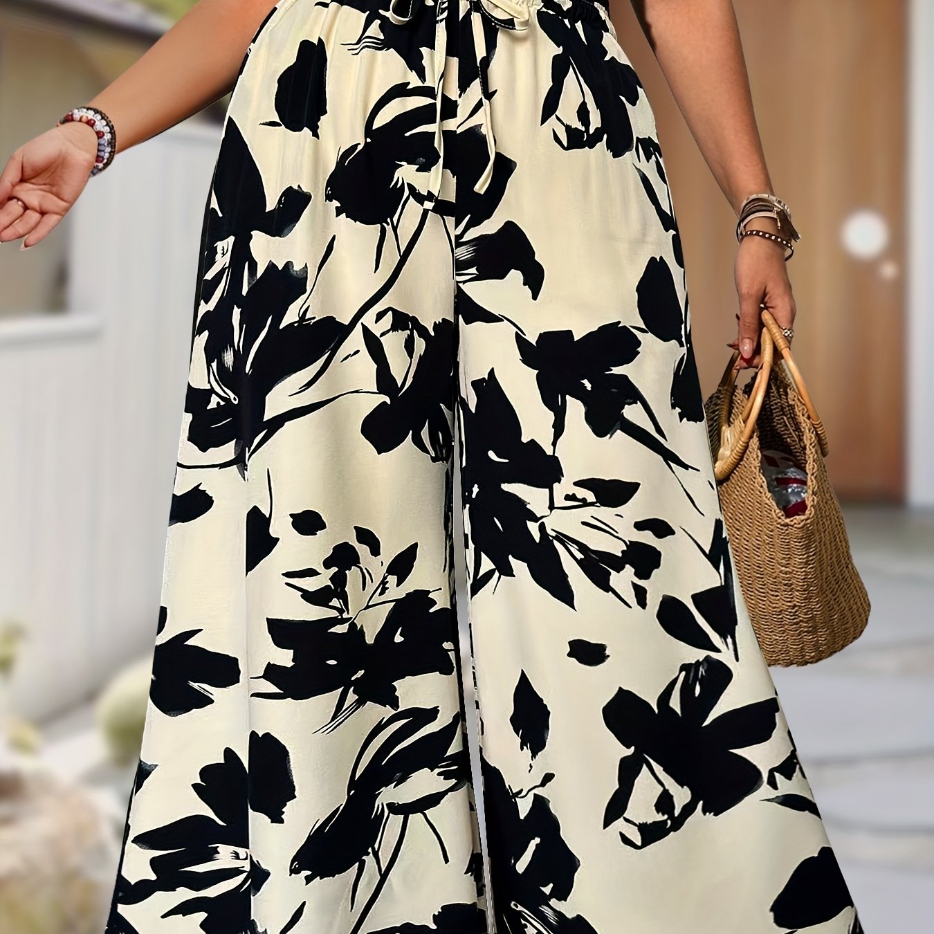 Women's Plus Size Floral Wide Leg Pants Elastic Waist Pockets