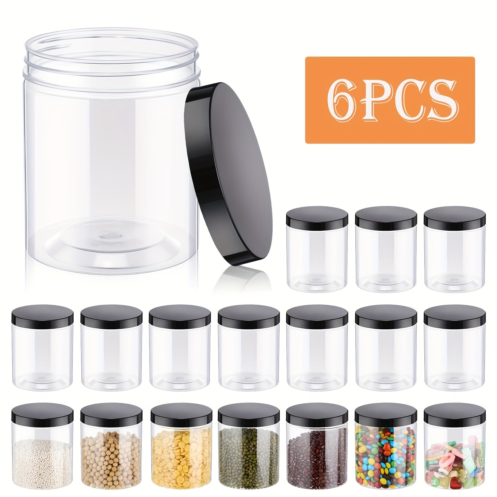16oz Clear PET Plastic Food Storage Jar with Black Frosted Lid Pack of 6 or 8