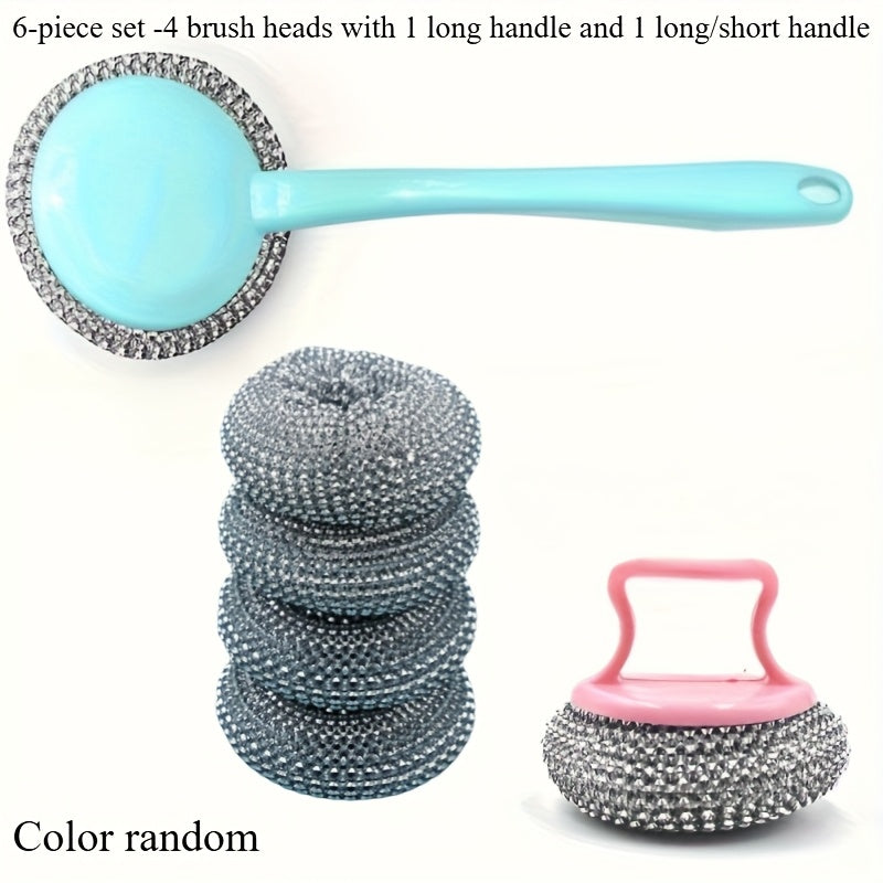 6-Piece Stainless Steel Brush Set with Long and Short Handles for Kitchen Bathroom Cleaning